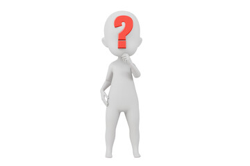 3D A Man thinking with a question mark icon. Minimal Cartoon white human sticky with red question mark isolated on white background. Looking for a solution. Decision and problem concept. 3d render.