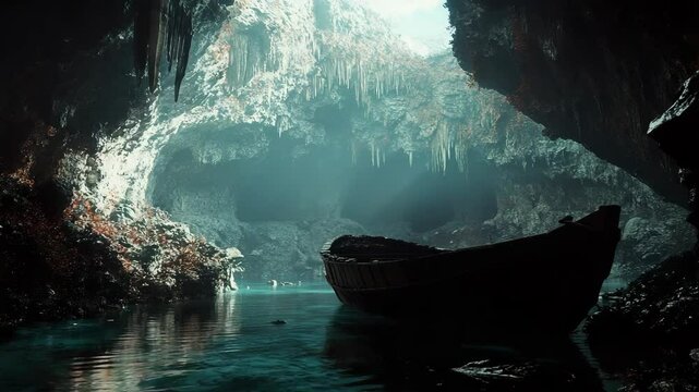 A boat in the middle of a cave