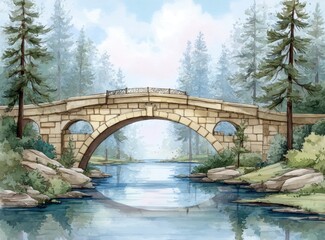 Fototapeta premium A Tranquil Mughal Landscape Featuring A Stone Bridge Over A Calm River With Lush Trees