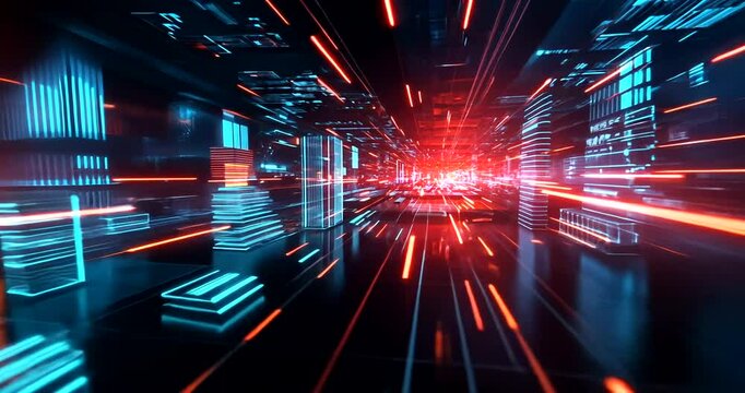Futuristic digital city lightspeed tunnel