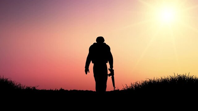 Lone Soldier at Sunset Walking Silhouette