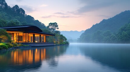 Fototapeta premium Tranquil lakeside lodge at dawn