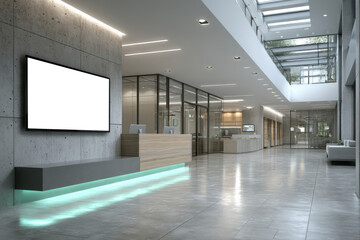 Contemporary Office Reception with Minimalist Design. Sleek lobby featuring a blank digital screen.