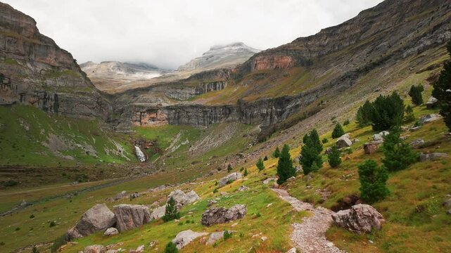 Hiking through Ordesa Valley in Monte Perdido National Park, Spanish Pyrenees.