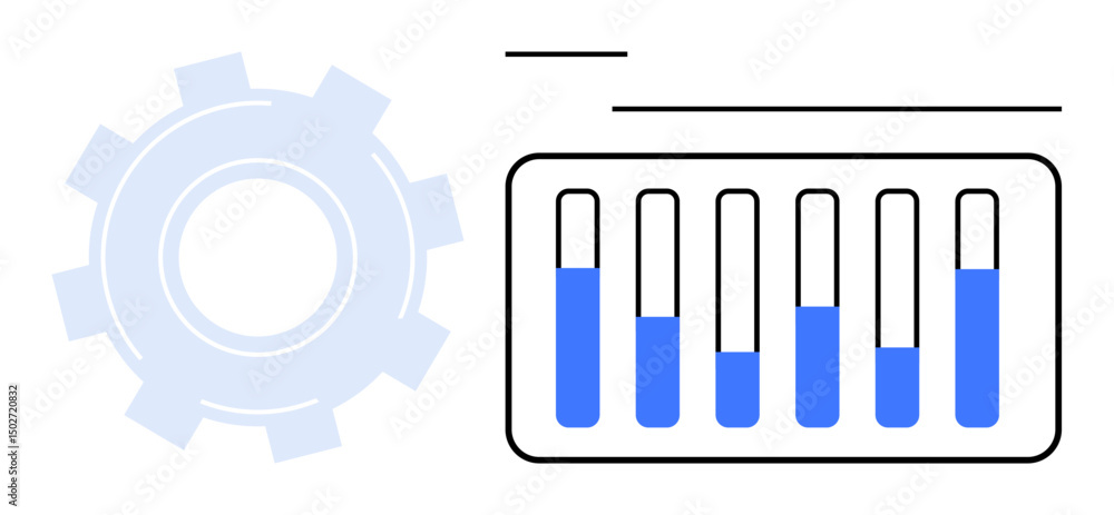 Poster bar graph with varying levels next to a light gear symbol, representing metrics tracking, analytics,