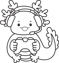 Outline of Illustration of cute axolotl activities icon.
Lineart of Funny pink axolotl in daily routine stickers.
