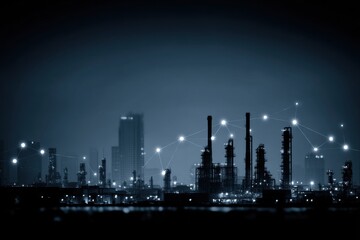 Industrial Connectivity and Urban Development. Night view of an industrial area with digital network overlay.