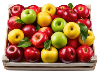 Fresh Apple Harvest: A vibrant assortment of fresh apples, bursting with color and flavor, fills a rustic wooden crate. showcasing a perfect harvest and culinary creativity.