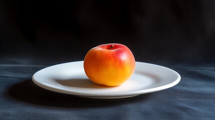 A single peach on a white plate against a dark background
