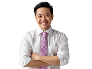 Confident Businessman Portrait: A portrait of a smiling Asian businessman with arms crossed, wearing a white shirt and a purple tie, exuding confidence and professionalism. 