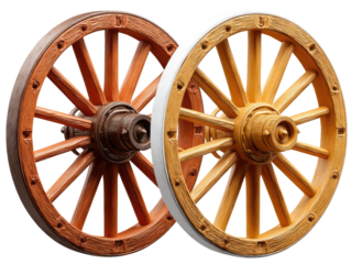 Timeless Wooden Wheel: A classic, isolated shot showcasing two vintage wooden wheels, each boasting distinct shades of brown, evoking a sense of rustic charm and historical transport.