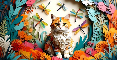 Balinese cat with a colorful butterfly and the fresh garden in quilling paper style
