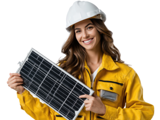 Solar Power Advocate: A beaming woman, dressed in a safety helmet and workwear, proudly presents a solar panel, epitomizing dedication to sustainability and the promise of renewable energy.