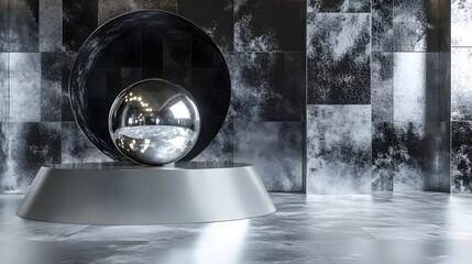 3D render showcases a glossy black sphere on a silver pedestal within a textured, dark grey room.