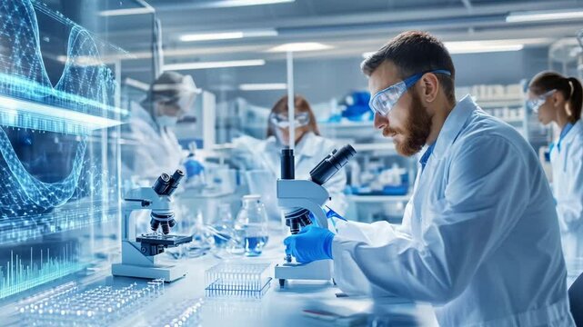 A man in a lab coat is looking at a computer screen with a blue circle on it. He is wearing a lab coat and goggles