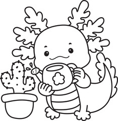 Outline of Illustration of cute axolotl activities icon.
Lineart of Funny pink axolotl in daily routine stickers.

