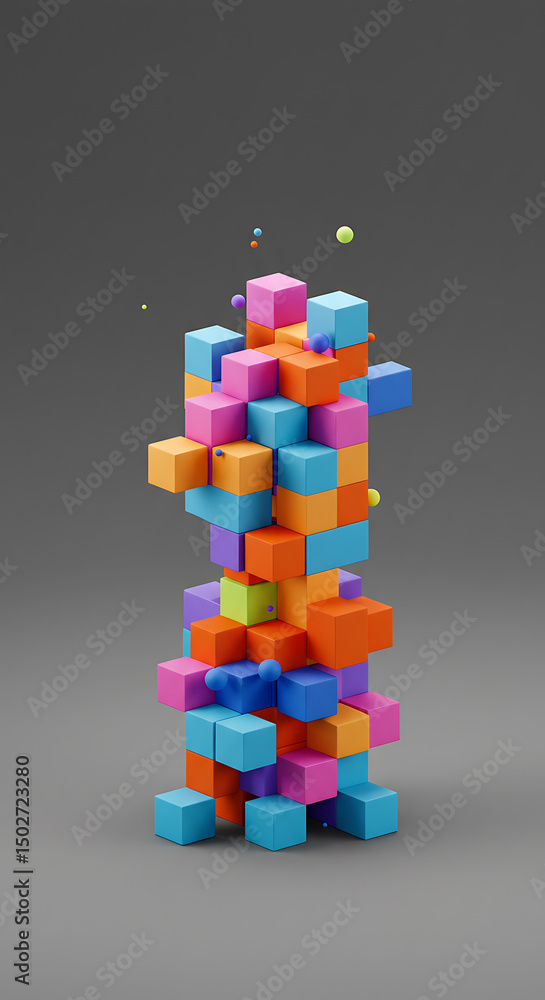 Poster abstract 3d colorful cubes tower structure creative blocks design geometric art