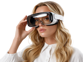 Woman Wearing Futuristic Glasses: A stylish blonde woman with long hair models a pair of large, futuristic glasses.  The glasses have a sleek, modern design and clear lenses.