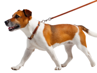 Jack Russell Terrier on a Leash: This photo is featuring a Jack Russell Terrier confidently striding along a leash, embodying the joy of a walk, ready to explore.