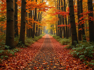 “Leaf-covered trail cutting through a dense forest in peak autumn, tree trunks tall and textured, vibrant canopy of orange, red and yellow above