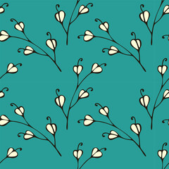 Drawn doodle branches with flowers in shape of heart, bright blue pattern.