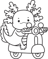 Outline of Illustration of cute axolotl activities icon.
Lineart of Funny pink axolotl in daily routine stickers.
