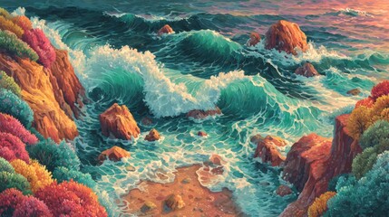 An artistic painting depicting a rocky coastline with dramatic waves crashing against the shore and a beautiful sky in the background creating a stunning coastal view