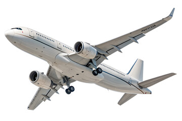 Airplane soaring high in a clear blue sky, isolated PNG with transparent background. Realistic white jet airliner in mid-flight, perfect for travel, aviation, or transportation-themed design.