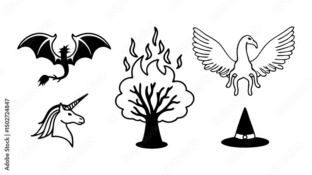 Poster outlined fantasy creatures and objects including dragon unicorn griffin tree and witch hat design cr