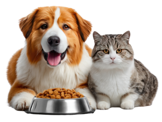 Best Friends Forever: A dog and a cat sit together, sharing a bowl of pet food, symbolizing the unique bond of companionship and harmony. A heartwarming display of friendship across species.