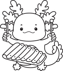 Outline of Illustration of cute axolotl activities icon.
Lineart of Funny pink axolotl in daily routine stickers.
