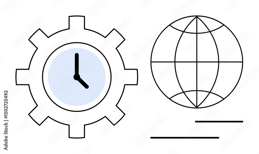 Poster gear enclosing clock beside a globe grid and lines representing global communication, productivity, 