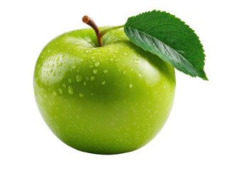 Emerald Orchard Delight: A close-up shot of a vibrant green apple glistens with refreshing droplets, complemented by a verdant leaf, embodying freshness, health, and natural goodness.