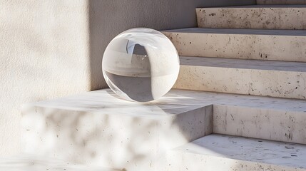 3D render showcases a translucent sphere balanced on a textured, light-colored stone pedestal with steps in the...