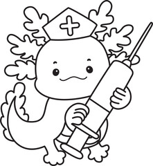 Outline of Illustration of cute axolotl activities icon.
Lineart of Funny pink axolotl in daily routine stickers.
