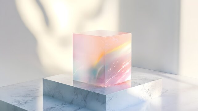 3D render showcases a translucent pink and orange column resting on a gray marble pedestal, backlit by strong sunlight.