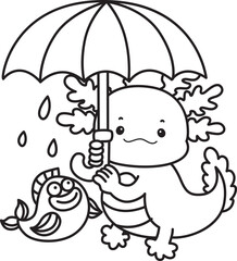 Outline of Illustration of cute axolotl activities icon.
Lineart of Funny pink axolotl in daily routine stickers.
