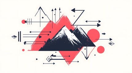 Digital illustration of a mountain rendered in geometric shapes with red and black accents.