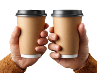 Caffeinated Connection: Two hands, offering a warm gesture, present a pair of paper cups of coffee. Perfect for conveying the ideas of warmth, hospitality, and sharing.