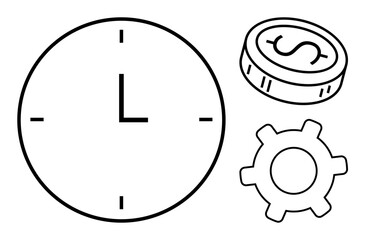 Fototapeta premium Large clock, coin with dollar sign, and gear symbolizing time management, financial planning, and workflow optimization. Ideal for productivity, efficiency, operations, business industry finance