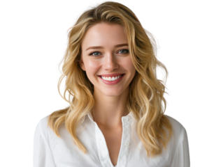 Smiling Woman Portrait: A captivating portrait of a young woman with a radiant smile and long, wavy blonde hair, showcasing natural beauty and confidence.