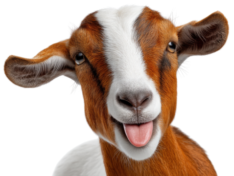 Happy Goat: A close-up shot captures a playful goat playfully sticks its tongue out, with a smile that sparks joy, representing fun and humor.