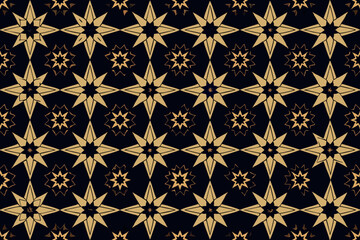 Intricate seamless pattern of decorative stars with geometric shapes, abstract design in gold and black color scheme