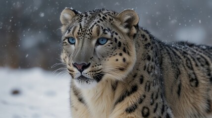 Obraz premium A snow leopard with striking blue eyes, its thick, speckled fur dusted with snowflakes, sits alertly in a snowy landscape. 