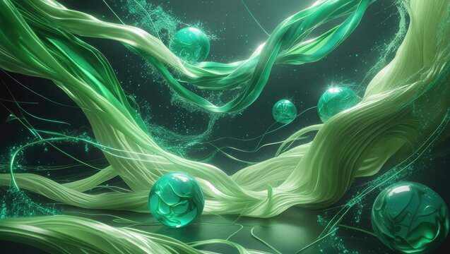 Abstract scene with ribbons and glowing green spheres in a futuristic style. - Powered by Adobe