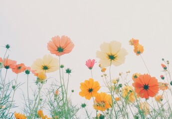Fototapeta premium Soft-focus cosmos flowers in pastel colors against a light sky