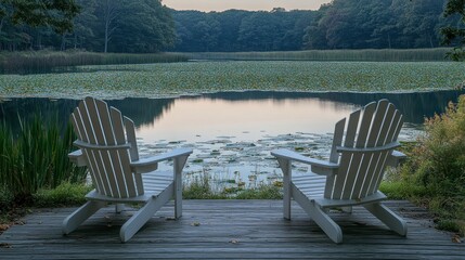 Fototapeta premium Tranquil lakefront scene with Adirondack chairs