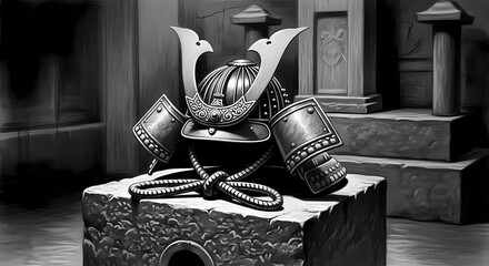 Dramatic Monochromatic Samurai Helmet Still Life Illustration on Stone Pedestal