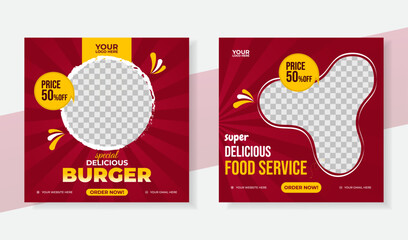 Set of Editable square banners. Food instagram post template design. Suitable for Social Media Post Restaurant and culinary Promotion. Red and yellow background color with stripe line shape vector