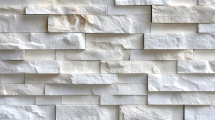 3D render of textured, light beige stone wall panels arranged in a staggered brick pattern.
